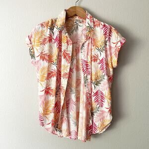 LOFT 100% cotton cap sleeve button down palm leaf top women's size large‎